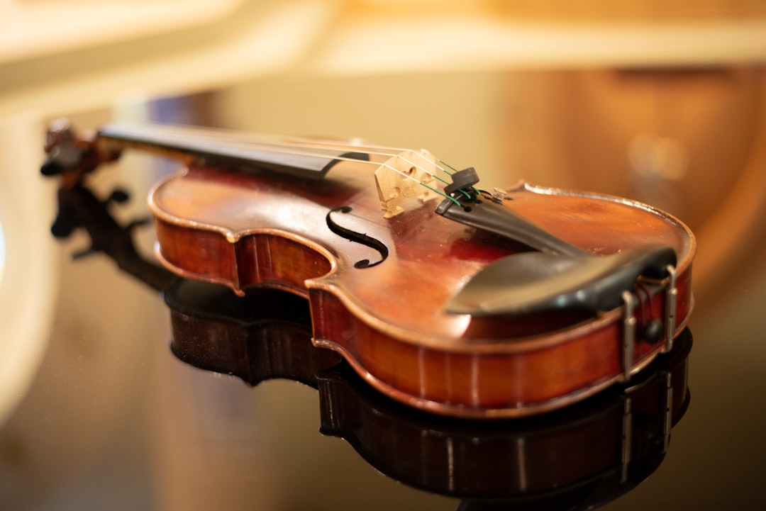 a close up of a violin on a table